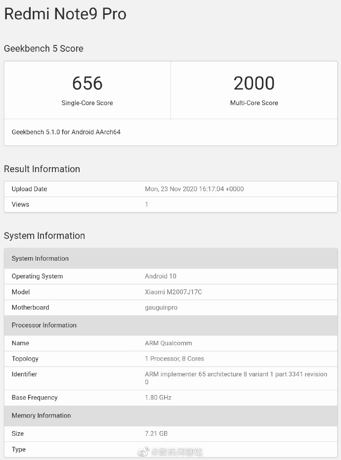 Redmi Note 9 geekbench